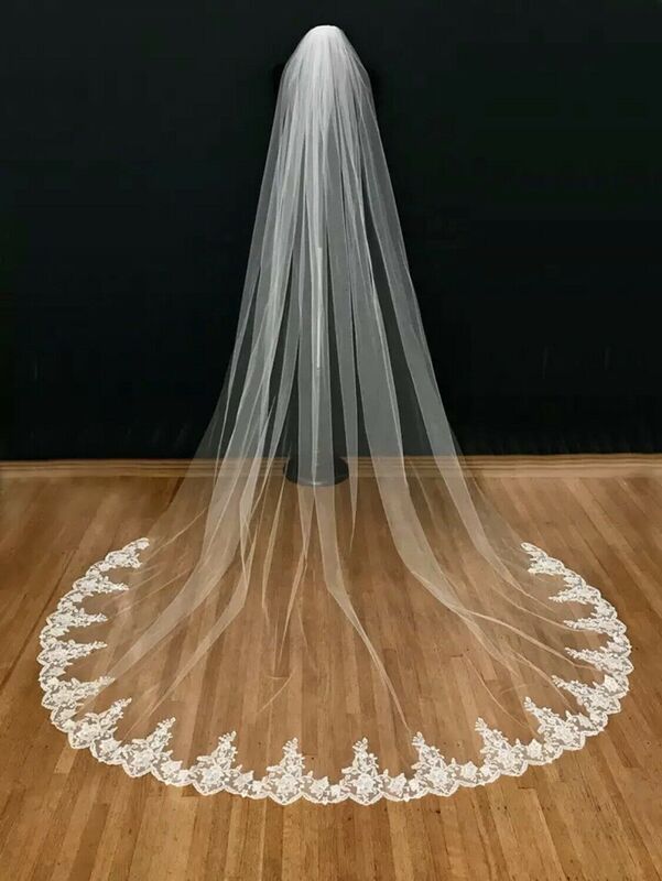 신부 웨딩 화이트 대성당 긴 베일 1 레이어 레이스 트림과 빗, 신부 액세서리 레이스 베일 1.5 미터 와이드