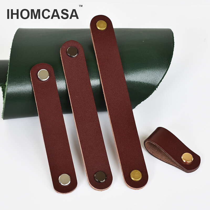 IHOMCASA Brown Leather Knobs European Retro Furniture Drawer Wardrobe Door Handle Cupboard Shoe Cabinet Cowhide Pulls Knob