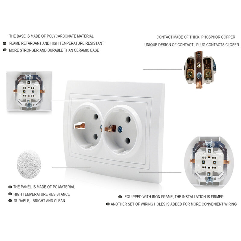 European standard wall socket 16A 220V double German socket with grounded phosphor copper double German plug