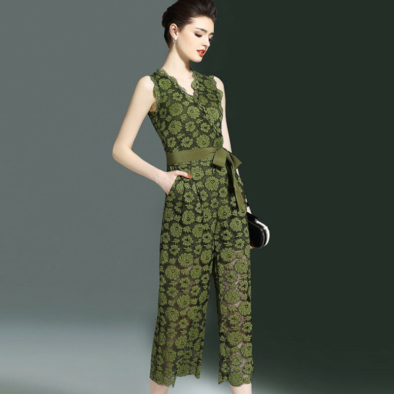 New Arrival Summer Fashion Hollow Out Floral Lace Wide Leg Jumpsuits Elegant Slim Fit Sleeveless Women Rompers