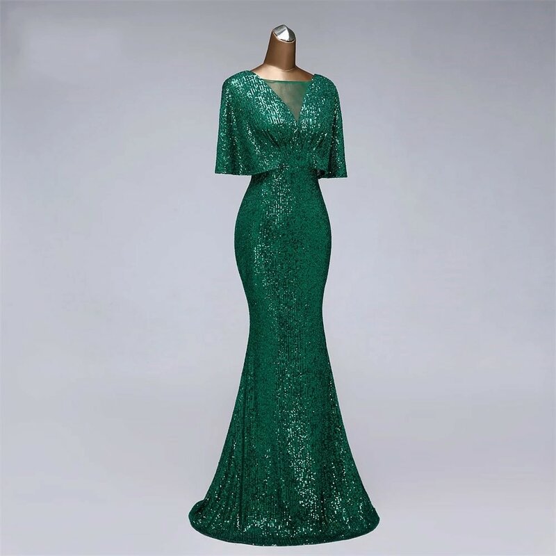 Sexy sequin Evening dress short sleeves vestidos de fiesta green dress evening gowns for women Party dress prom dresses