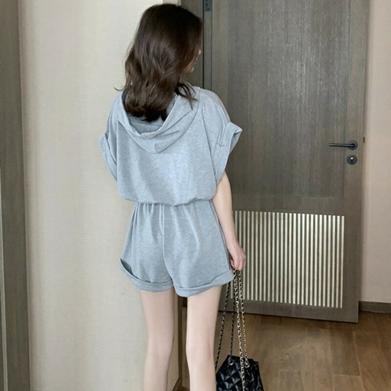Playsuits moda damska koreański letni dorywczo jednolity kolor jednoczęściowy talia z krótkim rękawem sweter z kapturem