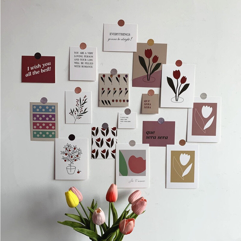 17Pcs Tulip Decoration Cards Art Postcard Simple Style Flowers DIY Wall Sticker Photographic Props Background Decor Stationery