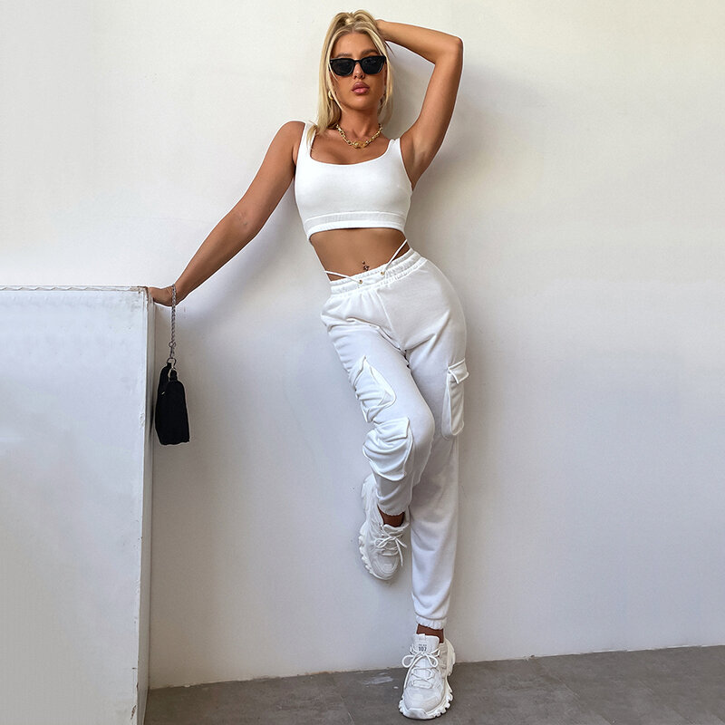 HTZMO Summer Two Piece Pants Set Sleeveless Crop Top Big Pockets Pants Macthing Sets Fitness Sportwear Fashion Outfits New 2021