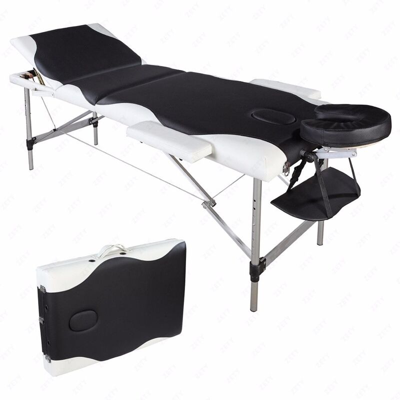 Mesa de masaje de 3 secciones, tubo de aluminio plegable, SPA, culturismo, color negro con borde blanco, 185x60x81cm