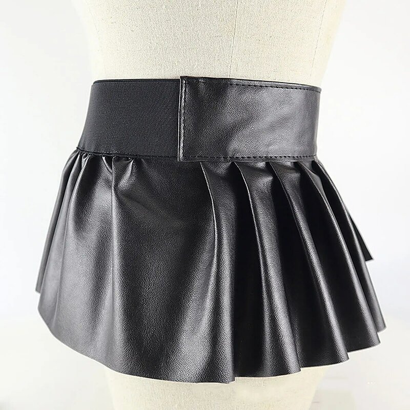 Falda plisada elástica de cuero PU para mujer, cintura ancha, cinturón de cincha, línea A, moda clásica