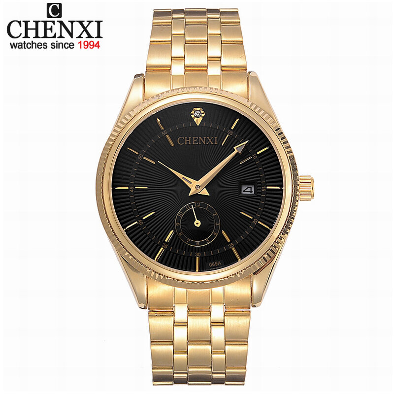 CHENXI-Relógio de pulso masculino de quartzo dourado com calendário, relógios masculinos, marca superior, relógio de pulso de luxo, famoso relógio