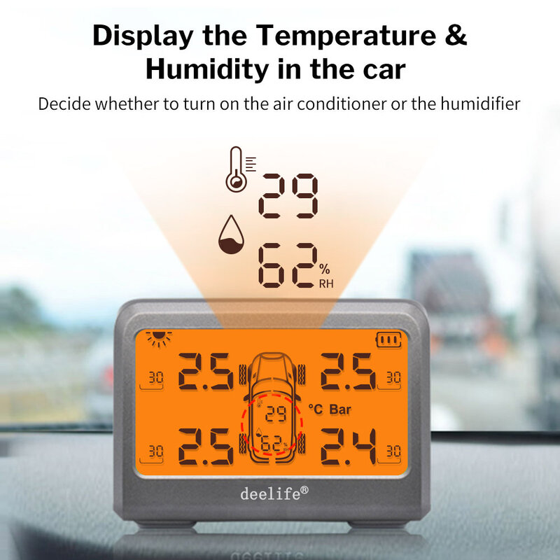 Deelife-sistema de supervisión de presión de neumáticos Solar TPMS para coche, alarma de advertencia de 4 ruedas con neumático de 0-8 bares, 4 sensores