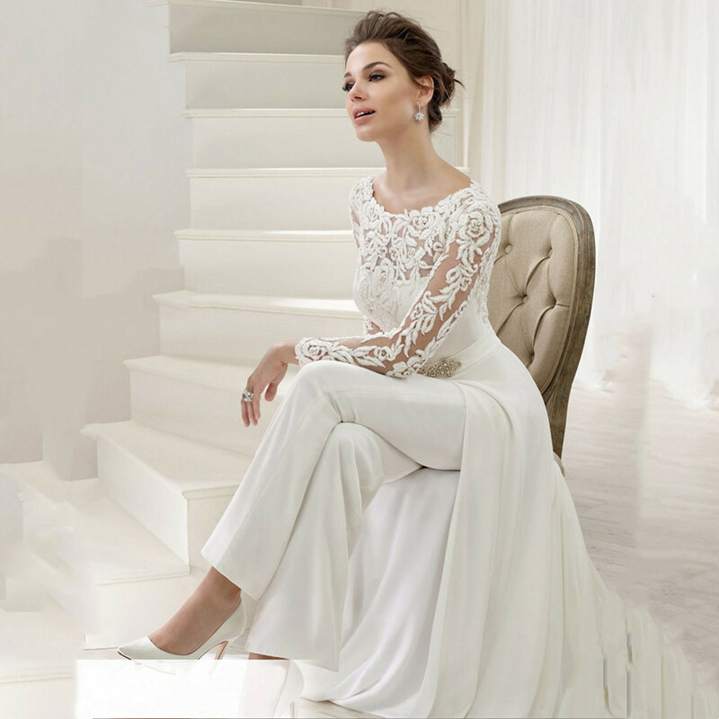Jumpsuit gaun pernikahan renda, dengan kereta lengan panjang leher O gaun pengantin putih Formal manik-manik Vestidos De Novia 2024