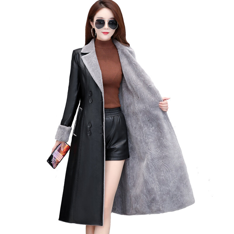 Veste d'hiver en cuir pour femme, vêtement d'extérieur, Plus velours, fourrure épaisse, un manteau coupe-vent en cuir moyen Long, 2022