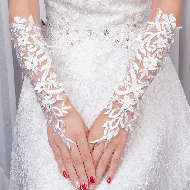 Gorgeous Bridal Handschoenen Voor Bruid Bruiloft Accessoires Vingerloze Lae Eblow Lengte Handschoenen Met Kralen