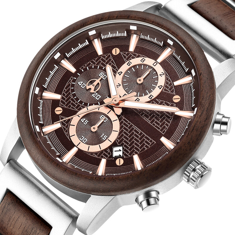 レロジオmasculinoゴールドの高級メンズ腕時計金属木製クロノグラフ腕時計クォーツ時計カスタム鋼ダイヤルクリスマスギフト