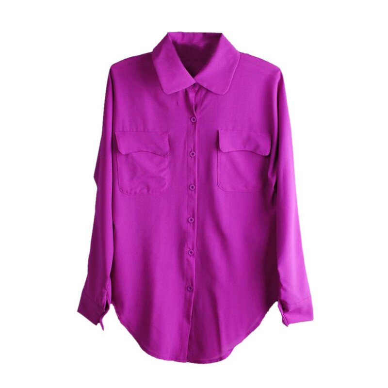 Лидер продаж 2019, модная женская шифоновая блузка, топ, Однотонная футболка с длинными рукавами и карманами, 2 цвета