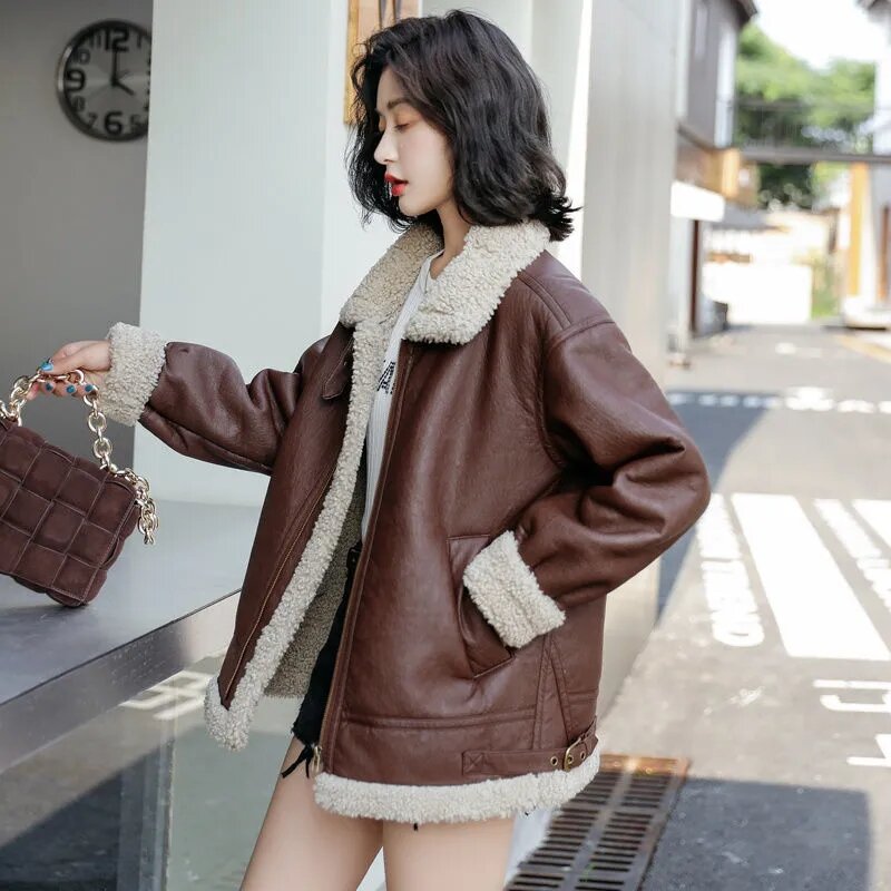 Autumn Winter 2021 New Lamb Fur Coat Female Korean Motorcycle Plus Velvet Thick Loose Short  Pu Leather Coat Women Jacket Street