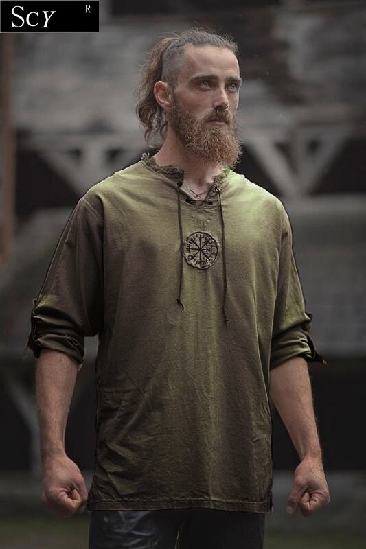 Mannen Plus Size Overhemd Top Oude Viking Borduren Lace Up V-hals Lange Mouw Top Voor Herenkleding