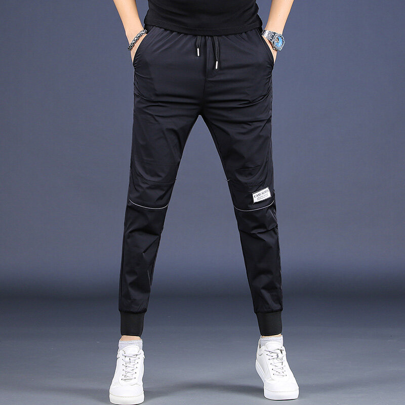 Preto casual calças masculinas moda esportes corredores verão streetwear fino ajuste calças de cordão