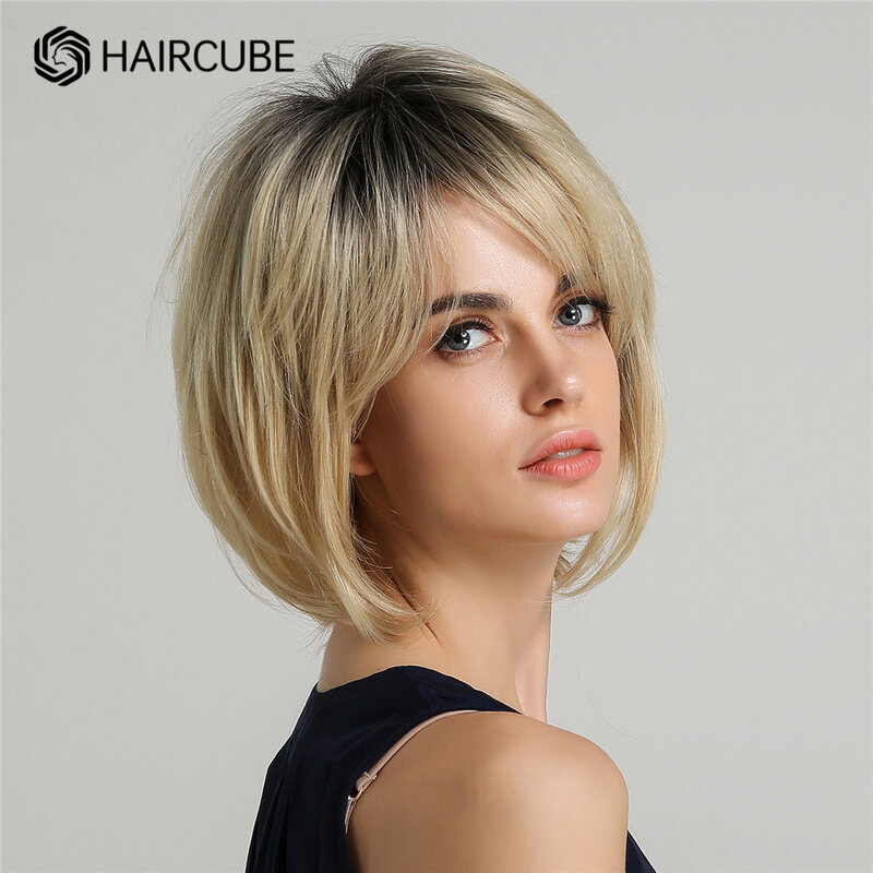 HAIRCUBE-Peluca de cabello humano para mujeres blancas, Pelo Corto con flequillo, color rubio degradado, Natural, resistente al calor