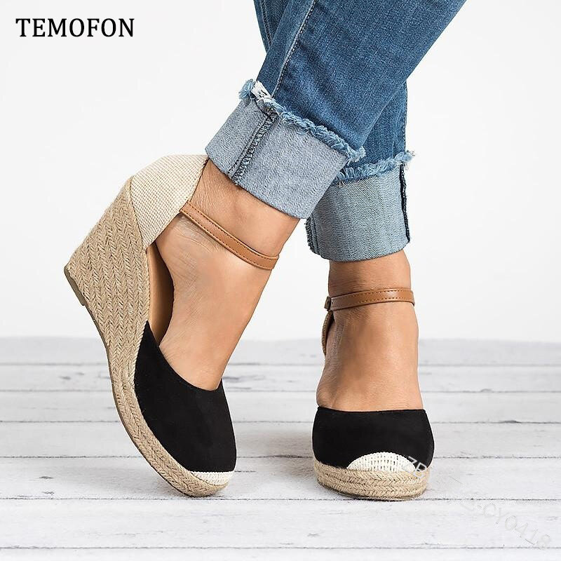 TEMOFON 2020 moda kobiety sandały kliny buty wysokie obcasy platformy letnie klapki pasek z klamrą Gladiator buty duży rozmiar HVT1067