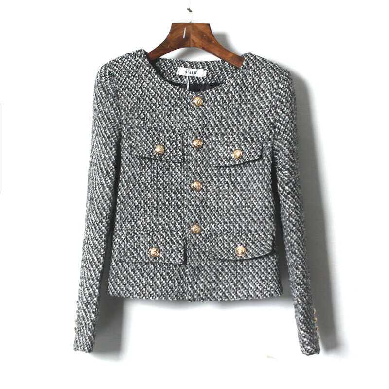 Chaqueta de Tweed a cuadros para mujer, abrigo Vintage elegante, mezcla de lana, prendas de vestir exteriores, novedad de otoño 2021