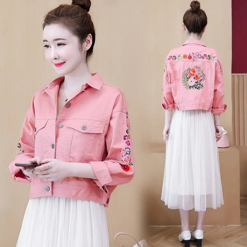 Estilo coreano solto 2023 primavera e no outono nova jaqueta bordado denim curto casaco de manga longa rosa jean jaqueta feminina