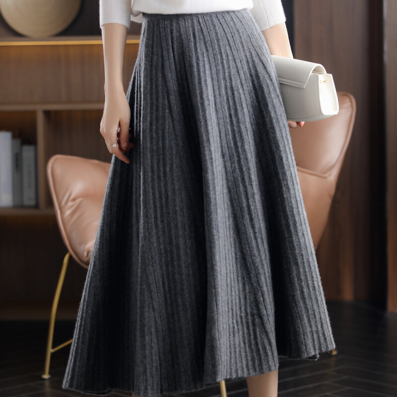 2021New Pure Cashmere A-Line Skirt Women Autumn Knit Pleated Long Skirt 100%Wool Large Size High Waist Korean Bag Hip Base Skirt