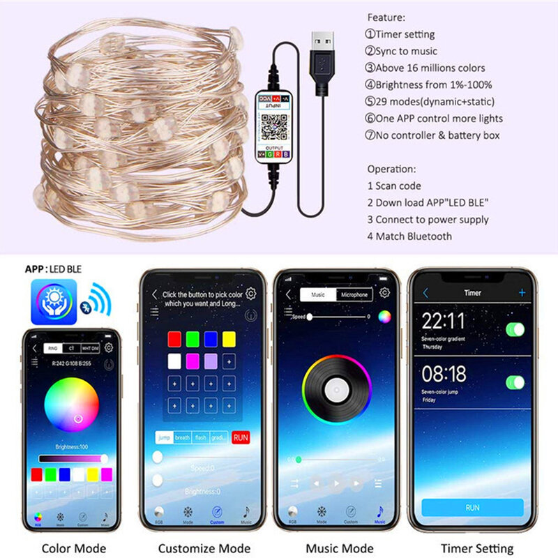 App Remote Control 2M 20LEDs Smart String Light USB Bluetooth Silver Copper Wire Fairy Lamp Home Bedroom Party Christmas Decor