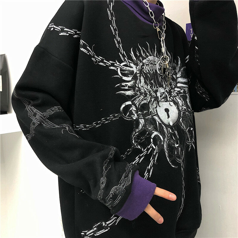 2021 Mannen Nieuwe Coltrui Sweatshirt Oversized Top Winter Paar Pullover Harajuku Zwarte Gothic Hoodie Mode Patchwork Hoodie