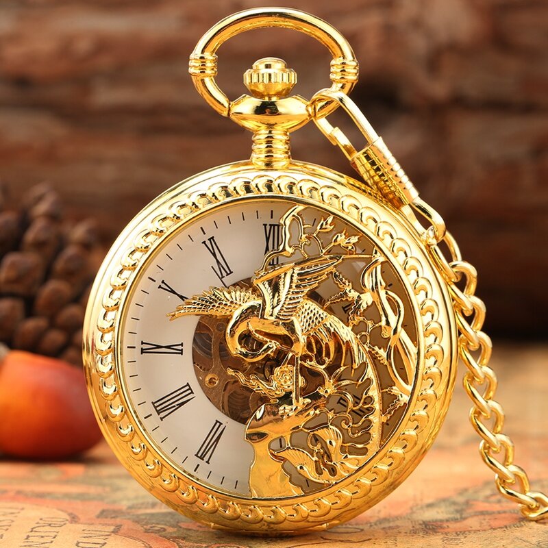 Reloj de bolsillo mecánico semihueco Phoenix para hombre y mujer, pulsera dorada con tapa de doble caja abierta, cubierta hueca, cadena de cuerda a mano