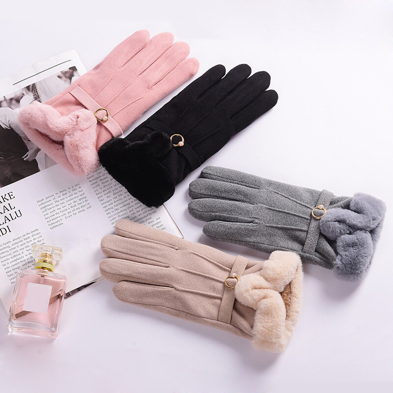 Зимние женские бархатные двойные утепленные сохраняющие тепло милые плюшевые перчатки на запястье для сенсорного экрана мягкие милые перчатки с жемчугом для велоспорта вождения