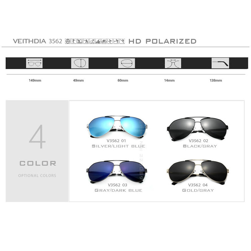 Бренд VEITHDIA, мужские солнцезащитные очки для вождения, поляризационные линзы UV400, спортивные уличные очки, аксессуары для женщин, солнцезащитные очки для мужчин 3562