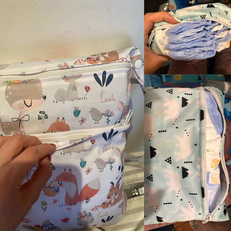 Baby Diaper Bag Cartoon Print Waterproof Wet Dry Nappy Zipper Handbag Stroller Carry Pack Travel Outdoor Wet Diaper Storage Bags