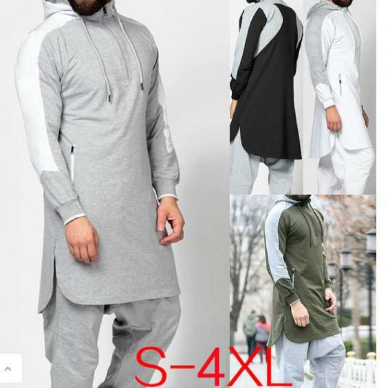 Hooded Mannen Moslim Jubba Thobe Patchwork Islamitische Kleding Lange Mouwen Dubai Kaftan Mannelijke Saudi Arabië Shirt Plus Size 3XL 4XL
