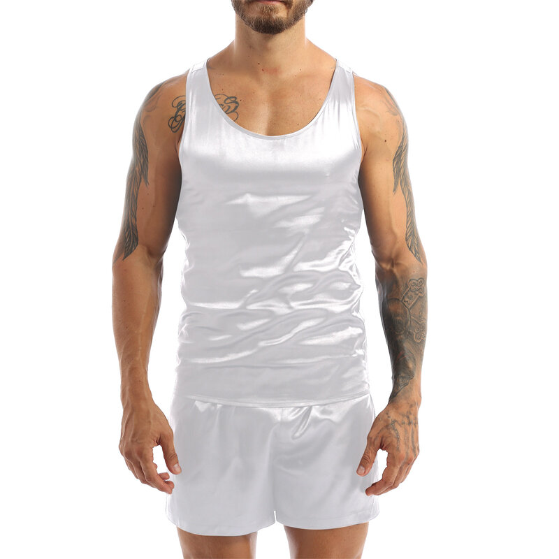 ZDhoor-Conjunto de pijama de cetim masculino, duas peças pijamas, tops sem mangas e shorts, verão Homewear, sleepwear