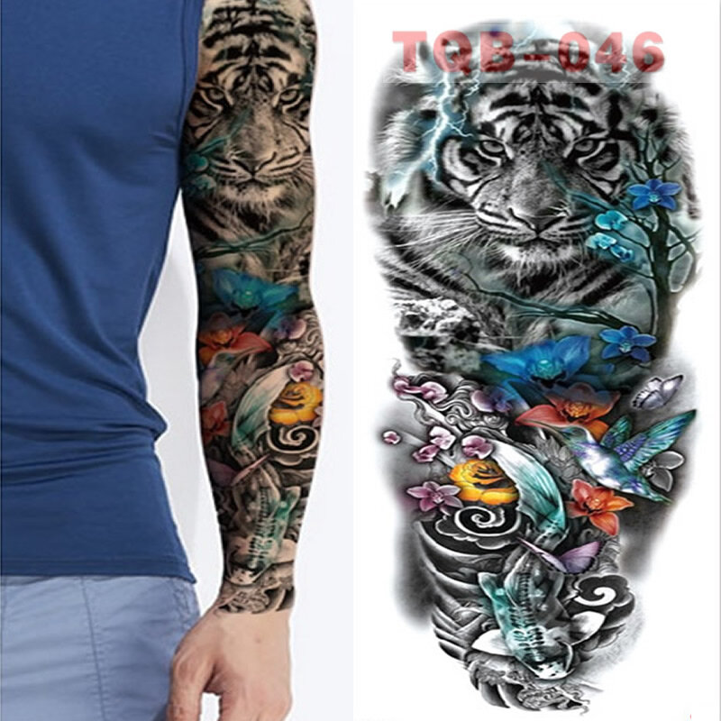 León Tigre mangas de brazo grande impermeable tatuaje temporal pegatina hombre mujer falso Color pegatinas tatuaje tótem arte corporal brazo pierna