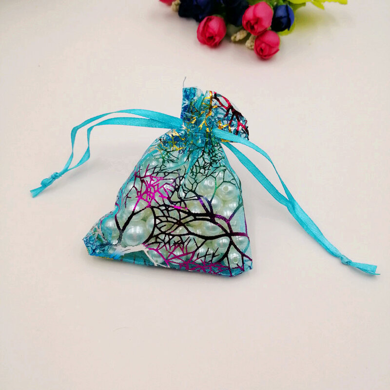 Bolsa de Organza de Coral azul con cordón, organizador de joyas, caja de regalo para bodas, bolsas de embalaje de exhibición de joyas de Navidad, 100 Uds.