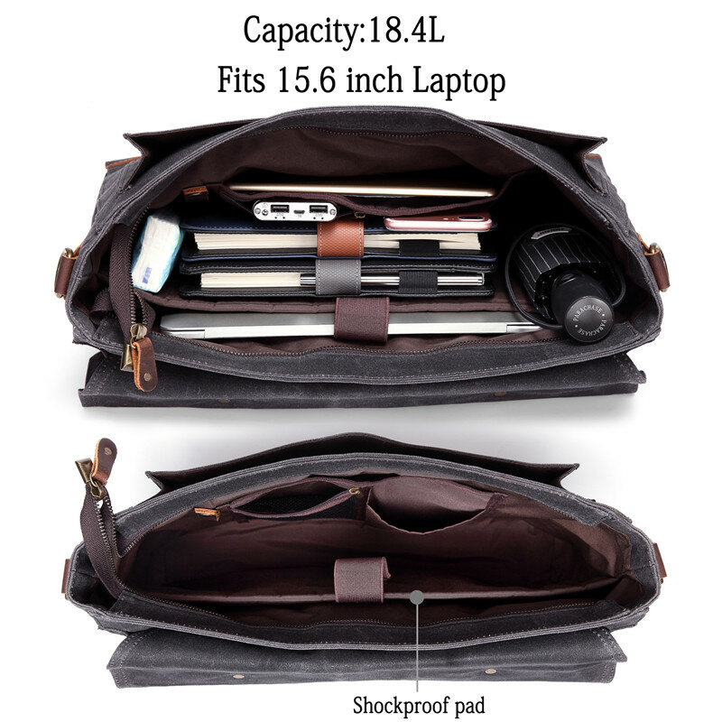 VASCHY Холст сумка для мужчин Классическая кожаная сумка для мужчин Вощеная парусина портфели для 17,3 дюймов ноутбук Офисные Сумки для мужчин