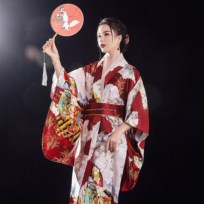 Japanese Traditional Yukata Kimono With Obi Vintage Women Evening Dress Geisha Kimono Vintage Women Stage Show Costume Cosplay