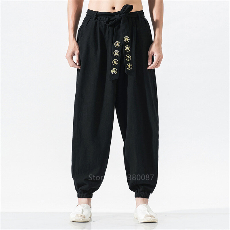 Estilo japonês moda homem calças perna larga retro bandagem bordado solto linho masculino harlan haori hip hop samurai quimono
