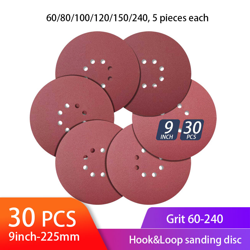 Discos de lixa orbital de 8 buracos, 9 drive, 30 peças, variado, gancho e laço, 5 peças de cada 60 80 100 150 180 240, lixa
