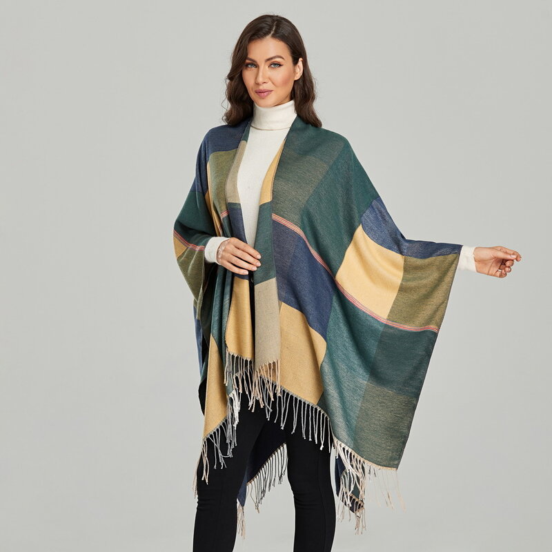 Ponchos con borlas de Cachemira para mujer, abrigo cálido a cuadros, chal grueso, manta Pashmina, marca de lujo, invierno, 2021