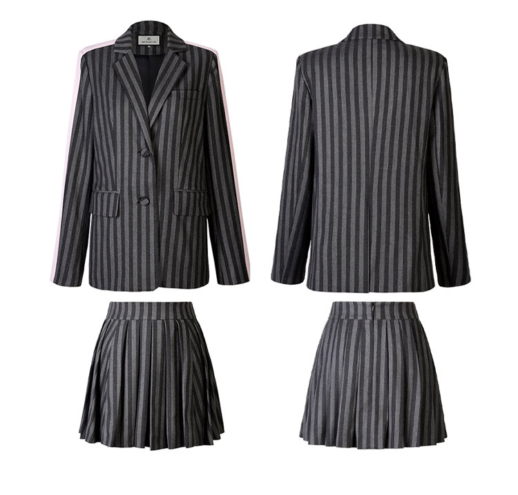 영국 스타일 어린 소녀 정장 핑크 패치 워크 Notche Lapel Stripe Blazer & Pleated Skirt 캐주얼 데일리 맞춤형 자켓
