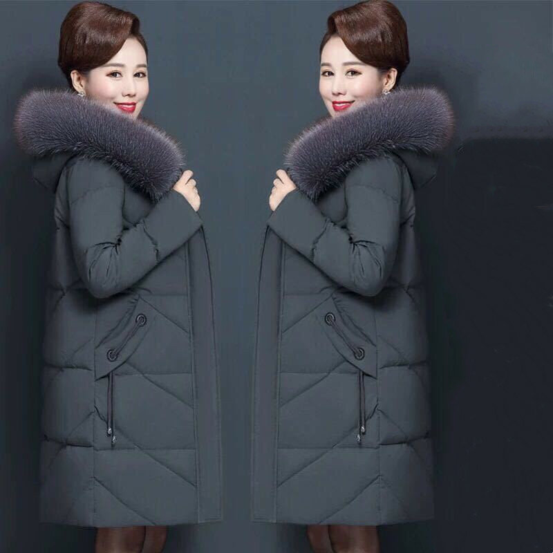 Chaqueta de algodón de longitud media para Mujer, abrigo de Color liso con cuello de piel grande, ropa de XL-7XL, Invierno