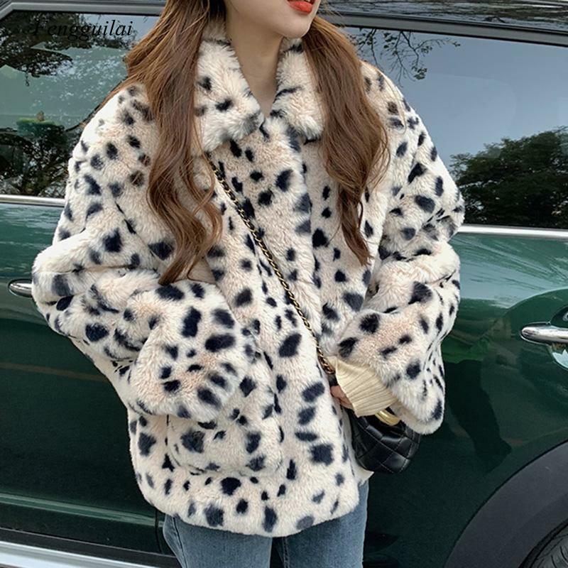 2020 New Faux Fur Leopaed Coats and Jackets Women Winter Thick Warm Pockets Coat Woman Turn Down Collar Loose Tops Lady