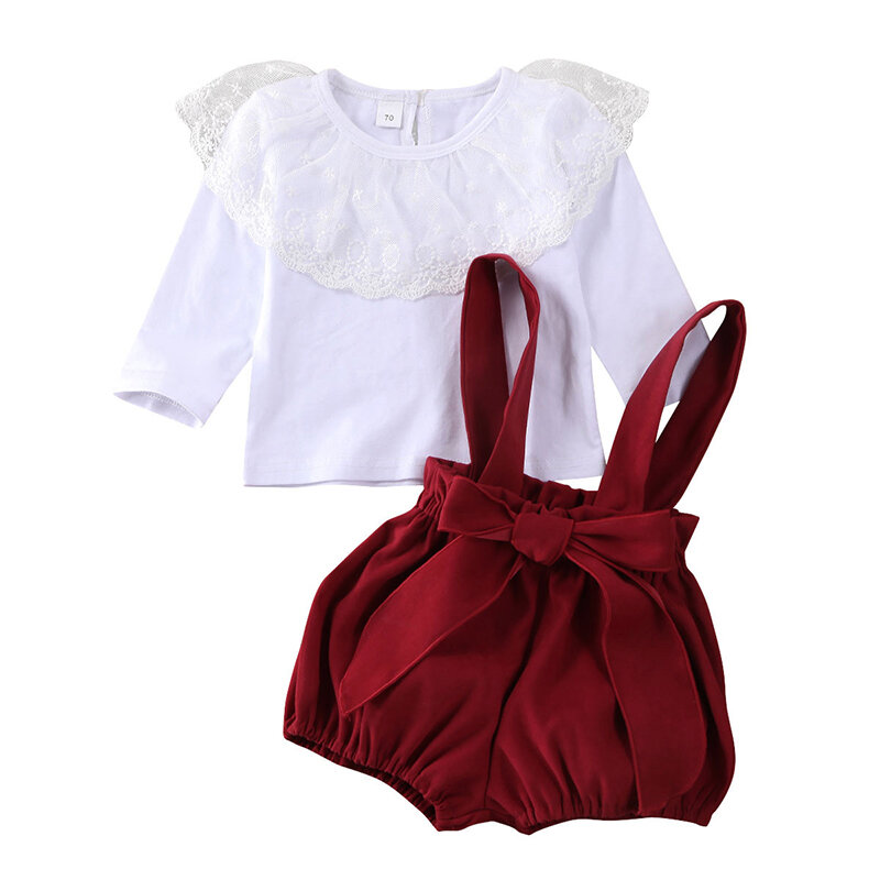 2020 New Girls Autumn Thin Outfits 2PCS Lace Ruffles Collars Long Sleeve Tops + Solid Suspender Short Pants Girls Casual Sets