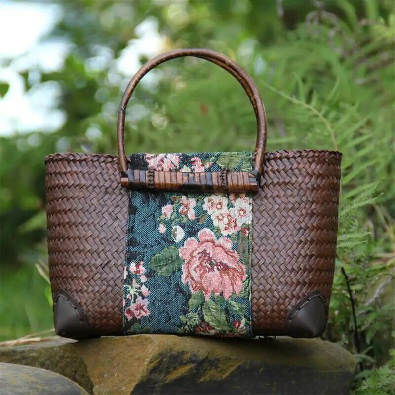 25x14CM Original Chinese Style Features Handmade Old Straw Bag Rattan Woven Wooden Handle Retro Handbag Bamboo Bag a6100
