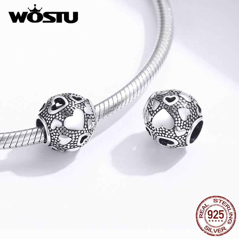 Pingente de coração de prata esterlina 925 wostu, conta de pingente, pulseira original para colar, presente de joia faça você mesmo