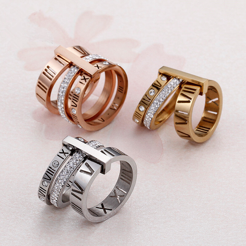 Anéis de aço inoxidável para mulheres e meninas, três camadas, numerais romanos, zircão, casamento nupcial, jóias da moda