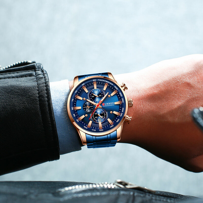 CURREN-cronógrafo relógios de pulso masculino, quartzo, pulseira de aço inoxidável, relógio, ponteiros luminosos, luxo, desportivo