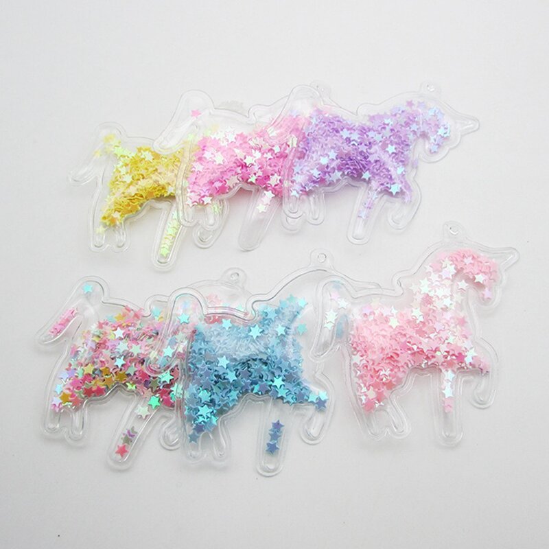 Patch licorne fantaisie en PVC Transparent, 100 pièces/lot, appliqué avec paillettes d'étoiles pour vêtements, Clip à gâteau, accessoires de couvre-chef