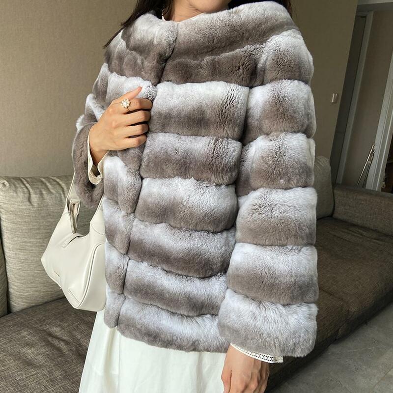 Jaket bulu asli wanita, mantel bulu kelinci Rex asli musim dingin kerah berdiri elegan kualitas tinggi